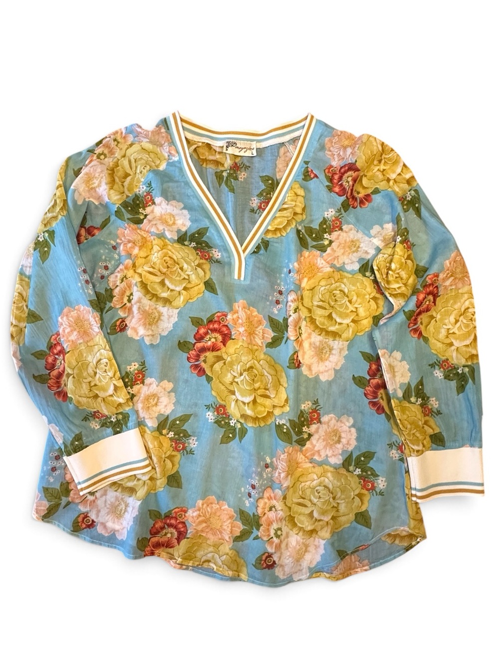 Weekenders Blue Floral V‑Neck Tunic with Yellow Roses